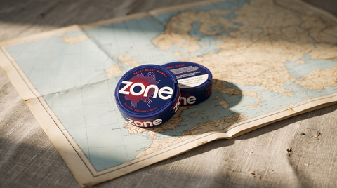 Two nicotine pouch cans resting on an open road map of Europe
