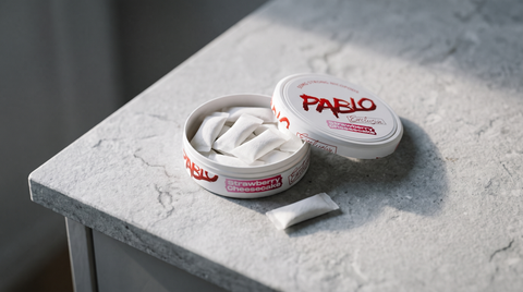 Open round nicotine pouch can with small white pouches visible inside, on pale stone