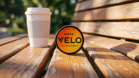 VELO Tropical Mango nicotine pouch can beside a takeout coffee cup on a weathered timber deck