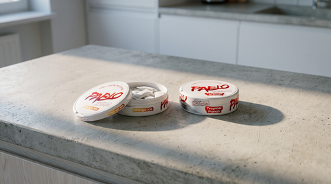 Two Pablo Gold nicotine pouch cans, one open, on a pale concrete kitchen worktop