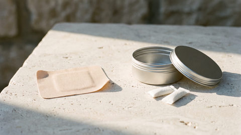 Unused nicotine patch lying flat beside an open nicotine pouch can on a pale stone worktop