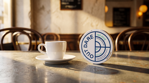 Nicotine pouch can beside an espresso cup on a zinc café counter