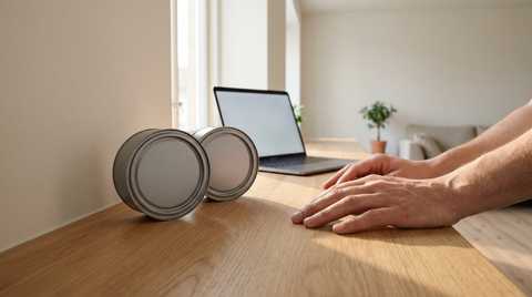 Two round nicotine pouch cans standing on a pale oak worktop in a minimal European apartment