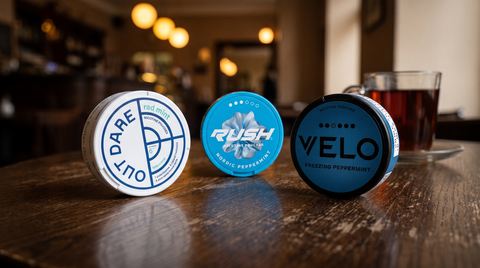 Three nicotine pouch cans on a dark oak café table in a warm amber Polish interior