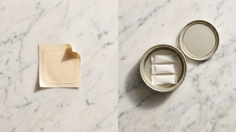 Beige nicotine patch lying flat beside an open pouch can showing white pouches inside, on marble