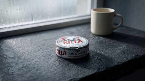 ICE Freeze nicopod can on dark Irish limestone worktop with blurred ceramic mug behind