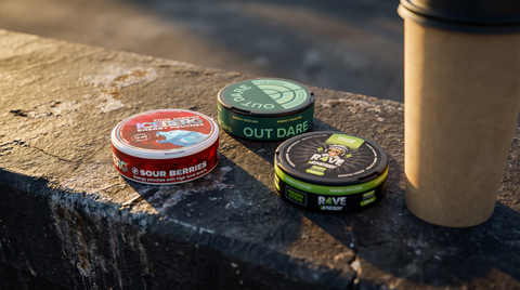 Three tobacco-free energy pouch cans on dark concrete beside a plain paper coffee cup
