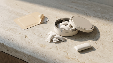 Nicotine patch, open pouch can and nicotine gum arranged on a pale stone worktop