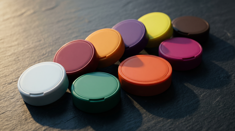 Eight differently coloured nicotine pouch cans fanned out on a dark slate worktop