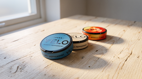 Three VELO nicotine pouch cans lined up on a pale birch-wood surface in cool Nordic daylight