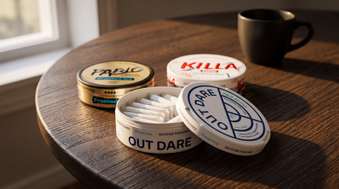 Three nicotine pouch cans on a dark oak table, one open revealing white pouches inside