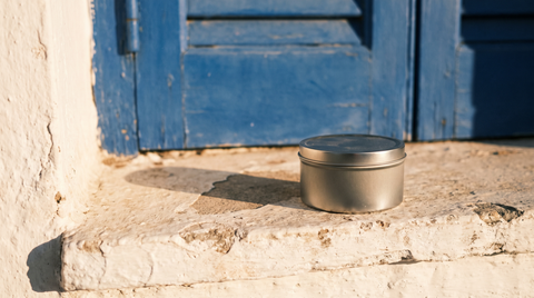 Plain nicotine pouch can resting on a whitewashed Greek ledge with a blue shutter behind