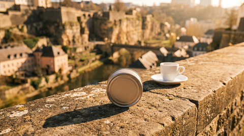 Round nicotine pouch can on a stone terrace ledge overlooking Luxembourg City's Alzette valley