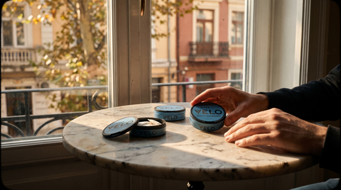 Round nicotine pouch cans on a marble café table with a Bucharest street visible through the window