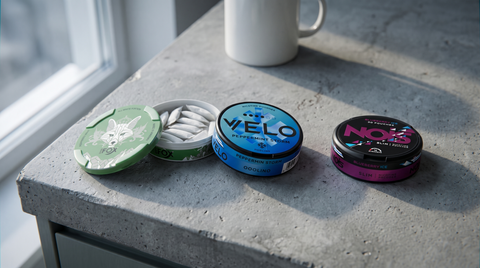 Three white nicotine pouch cans on a concrete surface, one open showing white pouches inside