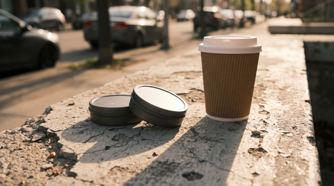 Two round energy pouch cans and a takeaway coffee cup resting on a sun-lit concrete city ledge