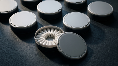Several round nicotine pouch cans fanned across a dark slate surface, one open showing white pouches inside
