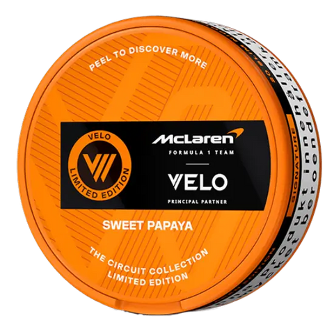 VELO McLaren Sweet Papaya slim nicotine pouches can