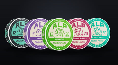 ALP nicotine pouches collection — Spearmint, Grape Ice, Cherries & Berries, Frostbite and Tropical Fruit cans