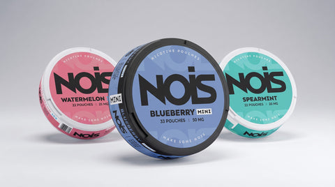 NOIS nicotine pouches — Blueberry Mini, Watermelon Ice and Spearmint cans in the new NOIS design