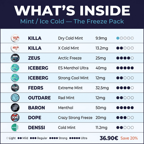 Mint / Ice Cold — 10 maišelių maksimaliai gaiviai ir ledinei patirčiai