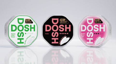 DOSH ultra-thin AirPouch nicotine pouches collection — Spearmint Fresh, Cola and Strawberry Lush cans