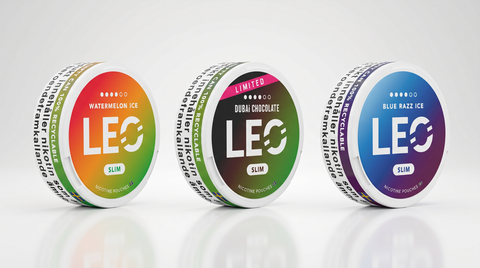 Leo nicotine pouches collection — Watermelon Ice, Dubai Chocolate, Blue Razz Ice