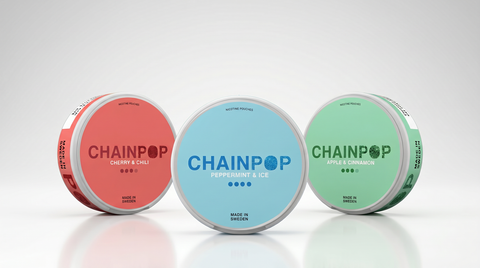 Chainpop nicotine pouches — Cherry & Chili, Peppermint & Ice, Apple & Cinnamon cans