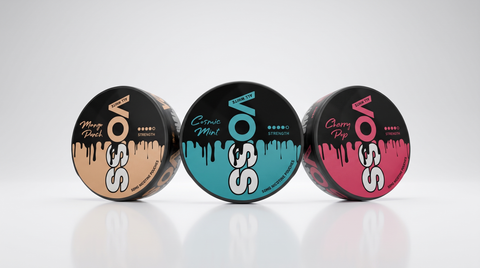 Voss nicotine pouches — Mango Punch, Cosmic Mint, Cherry Pop cans