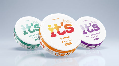 IT'S nicotine pouches collection — Fresh Mint, Mango and Blackcurrant cans