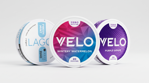 Nicotine-free nicotine pouches — VELO Wintery Watermelon Zero, VELO Purple Grape Zero and LAGOM Fresh Mint Zero cans | DarePouch