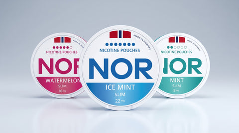 NOR nicotine pouches made in Norway: Ice Mint, Watermelon and Mint slim cans