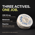 Three actives, one job: 20 mg CBD, melatonin and piperine, carried in MCT oil and beta-cyclodextrin
