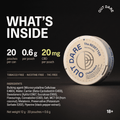 What's inside: 20 pouches per can, 0.6 g each, 20 mg CBD per pouch, full ingredient list, 18+